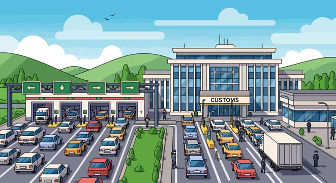 Vector Illustrations. Vibrant Cartoon of a Busy International Border Crossing with Queuing Traffic. AI EPS Editable