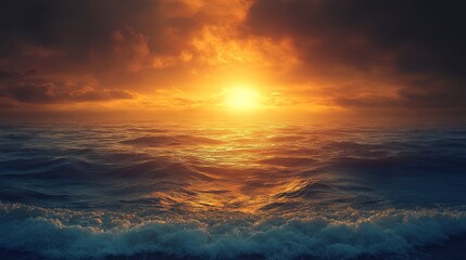 Dramatic sunset over the ocean with a warm orange glow and stormy clouds.