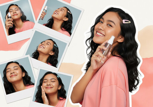 A vibrant scrapbook of beauty moments perfect for Social Media Marketing, showcasing a young woman's radiant skincare and self-care journey.