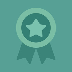 A flat design illustration featuring a teal award ribbon with a prominent star centered on a monochromatic background, symbolizing achievement, excellence, and recognition