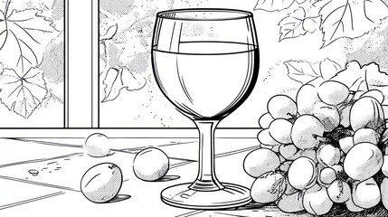 Wine glass with grapes and a vineyard backdrop, depicted in a manga art style