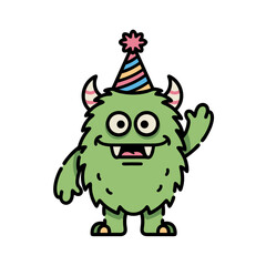 Obraz premium Happy Green Fluffy Creature Wearing Party Hat Waving