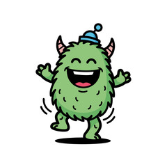 Fototapeta premium Happy Green Furry Creature Dancing in Cartoon Style
