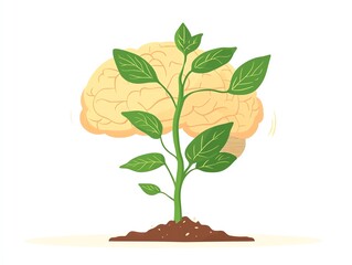 A creative illustration showing a plant growing from fertile soil with a brain in the background.