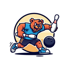 Playful Brown Bear Bowling Cartoon Illustration
