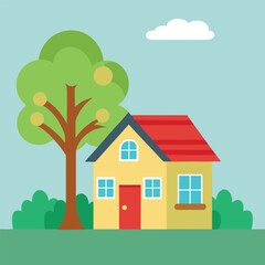 Fototapeta premium Charming house with a lush green tree illustration