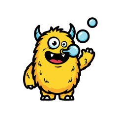 Obraz premium Playful Fluffy Monster Blowing Bubbles Cartoon Illustration