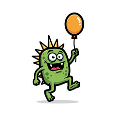 Fototapeta premium Playful Green Creature With Spikes Holding Orange Balloon