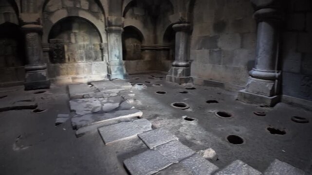 Sunlight streaming into the ancient Library and scriptorium of Haghpat Monastery illuminates the worn stone floor, pillars, and arched alcoves, evoking history and reverence in Armenia