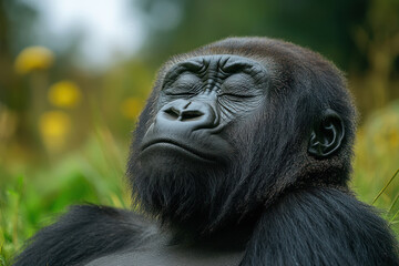 A close-up portrait of a gorilla with closed eyes, expressing a state of complete calm and tranquility. 