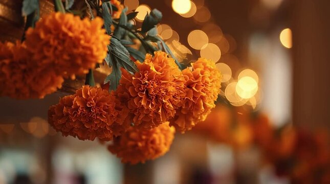 Close-up of vibrant orange marigold flower garlands with fresh green leaves, illuminated by soft golden bokeh lights, representing traditional Indian festive ganesh chaturthi or Diwali.