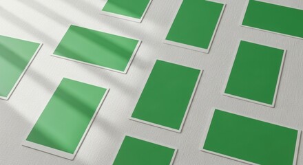 Minimalist Green Card Mockups on Textured Surface with Shadow Overlay, Ideal for Business Branding and Marketing Presentation