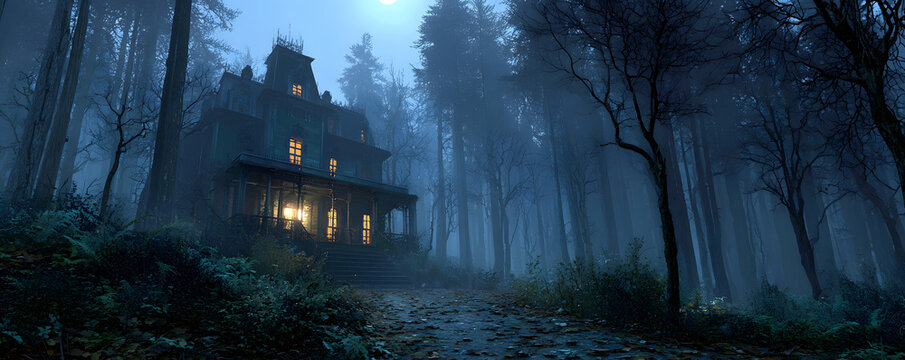 scary haunted house in forest during night. Extremely detailed and realistic high resolution illustration