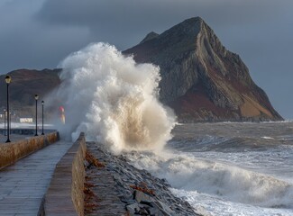 Powerful waves crashing against a seawall, dramatic coastal scene