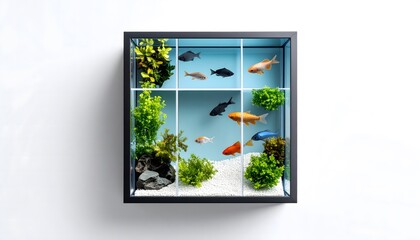 Fish swim in a modern square aquarium.