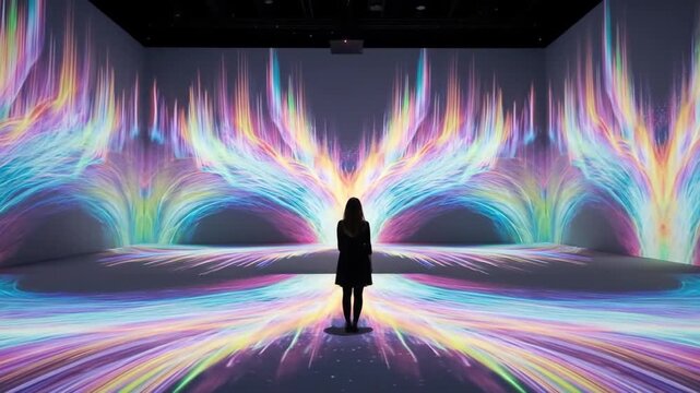 Vibrant Immersive Light Art Installation with Person Silhouette