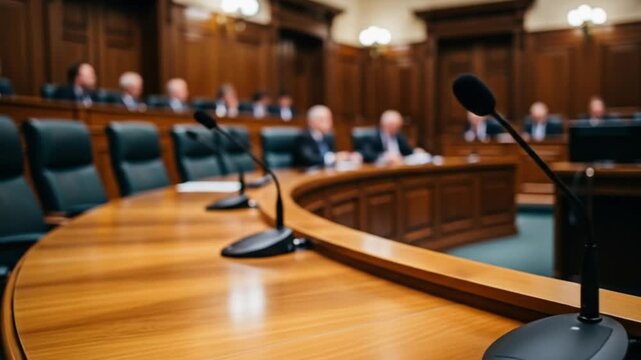 Formal Legislative Chamber or Courtroom with Microphones and Officials