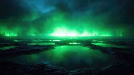 Green-lit landscape at night.