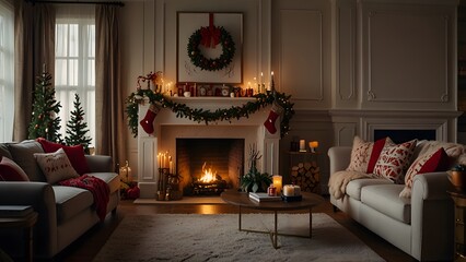 Fototapeta premium A cozy living room with a lit fireplace and decorated Christmas tree, with a view of a snowy winter day through the window. Festive home concept