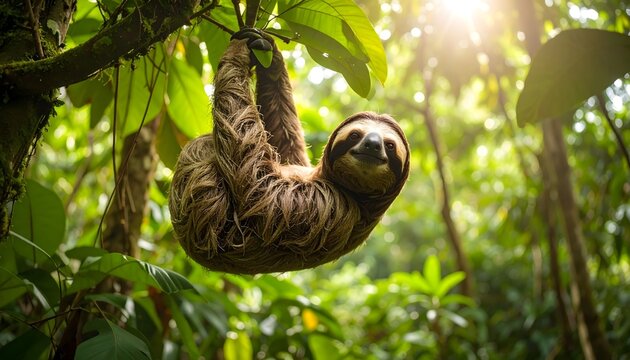 Sloth hangs upside down in a lush tree
