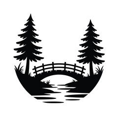 Fototapeta premium Silhouette of a bridge between two pine trees over water isolated on white background