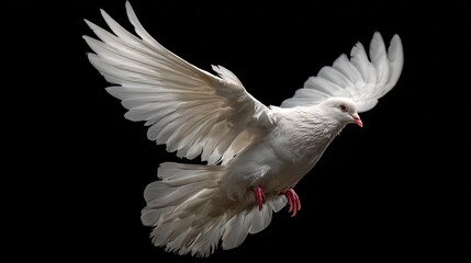 Obraz premium Elegant White Dove Flying Against Black Background