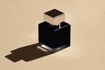 Obraz premium Softly lit, an elegant black ink bottle rests on a surface with a pronounced texture, creating an interplay of shadows and reflective light