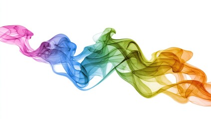 Abstract rainbow-hued smoke trails elegantly swirl and flow against a stark white background, creating a vibrant, dynamic composition