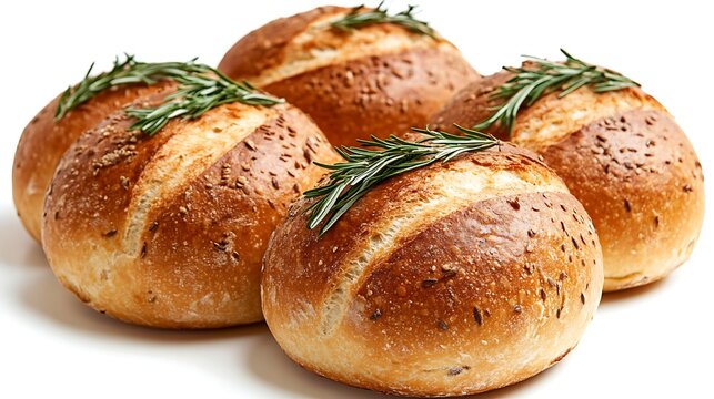 Round rustic bread rolls decorated with rosemary sprigs. Golden brown crust with homemade artisan touch. Real Bread Week concept with fresh natural ingredients