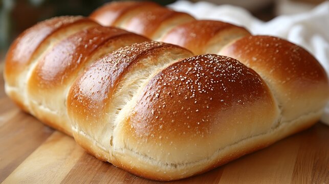 Close-up of soft and fluffy white loaf with golden crust. Freshly baked bread on wooden surface. Real Bread Week concept for homemade and artisan bakery
