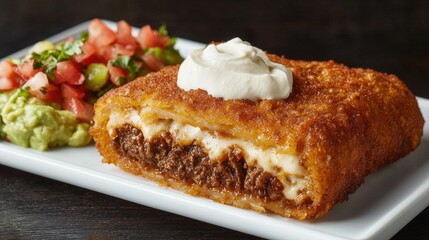 Machaca dried beef burrito with melted cheese sour cream guacamole pico de gallo on white rectangular plate wooden table restaurant presentation