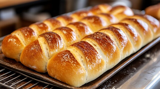 Shiny golden brown bread rolls on baking tray. Freshly baked loaves with homemade quality. Real Bread Week concept highlighting natural ingredients