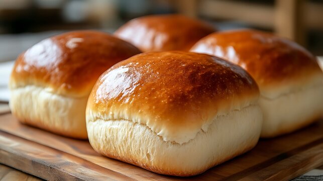 Soft and glossy bread rolls with golden finish on wooden tray. Freshly baked homemade bread for Real Bread Week and artisan bakery celebrations