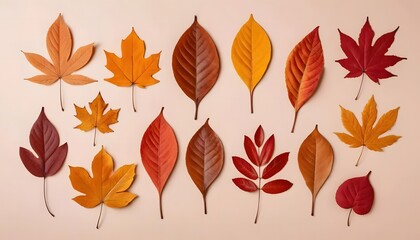 Obraz premium Autumnal Array: Vibrant Fall Leaves in Harmonious Composition on Light Background