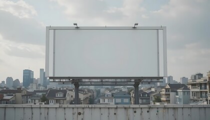 Fototapeta premium Blank Billboard Overlooking Cityscape, Cloudy Sky, Urban Advertising Space.