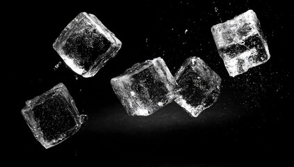 Five translucent ice cubes levitate against a stark black background, water droplets suspended in mid-air