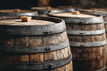 Aged wooden barrels