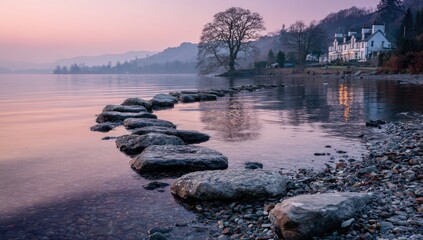 Lakeside stones at dawn, calm water, pastel hues