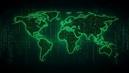 Digital World Map: Green Binary Code Overlay on Dark Background, Technology Concept