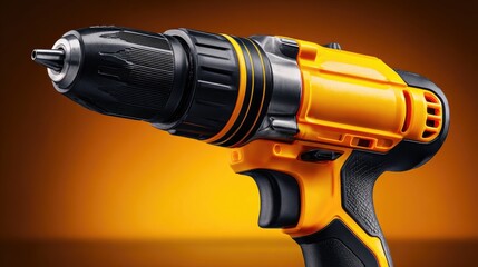 Close-up of a cordless drill with vibrant yellow and black components.