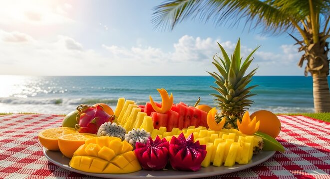 Colorful fruit platter on a beachside table, showcasing tropical fruits like pineapple, mango, and dragon fruit.