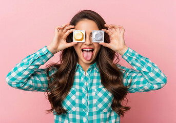 A playful young woman holding two condoms over her eyes with a funny expression. This creative and humorous image promotes safe sex and sexual health in a positive way.

