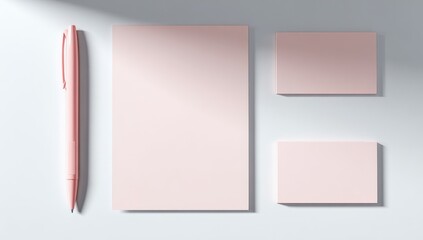 Pale pink stationery mockup letterhead, two business cards, and a pen, arranged on a light gray surface, illuminated by soft, angled light