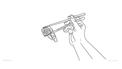 Hand holding sushi roll with chopsticks