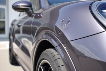 Close-up of a modern, gray SUV's fender with minor damage