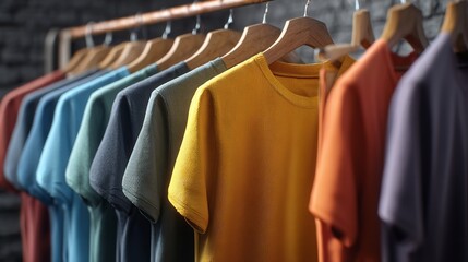 A rainbow of new T shirts hanging in a stylish boutique presenting an on transparent background