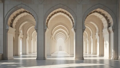 Serene Light: Architectural Majesty of Interlocking Arches in a Sunlit Colonnade