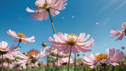 Delicate pink flowers against a vibrant blue sky.