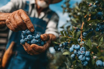 Close-up of senior hands picking blueberries