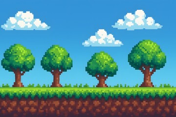 Fototapeta premium Peaceful Outdoor Game Environment with Trees and Grass, Pixel Art Nature Background on a Sunny Day
